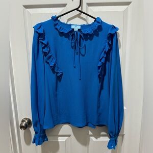 Women’s long sleeve ruffle shoulder split neck tie blouse